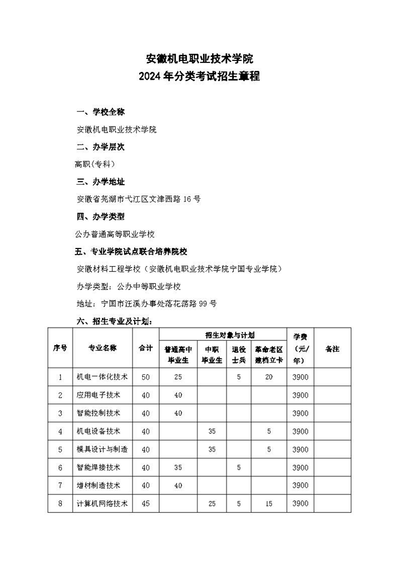 安徽機(jī)電職業(yè)技術(shù)學(xué)院2024年分類(lèi)考試招生章程
