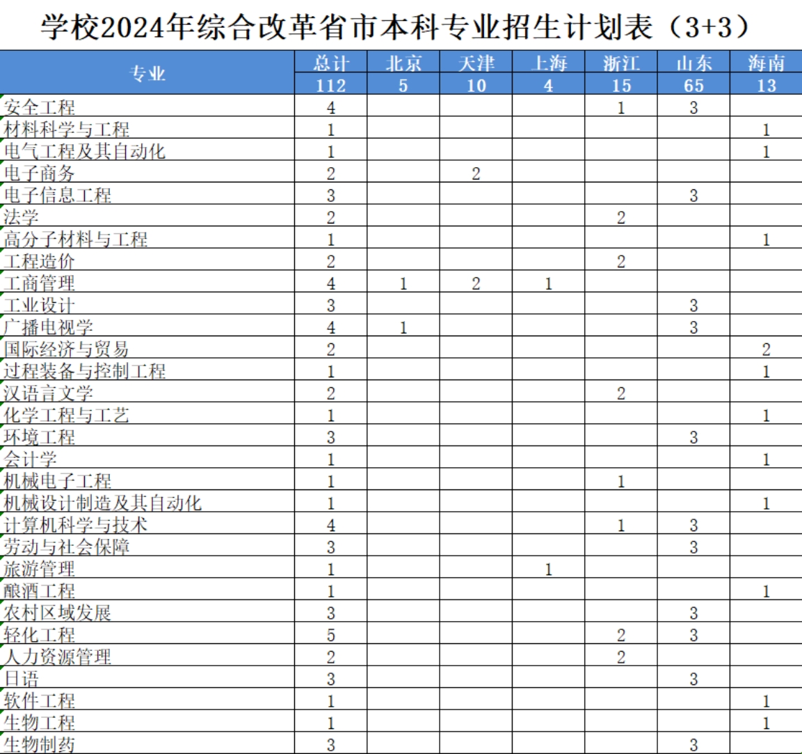 學(xué)校2024年綜合改革省市本科專業(yè)招生計(jì)劃表（3+3）